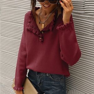 Ruffle V-Neck Button Sweater